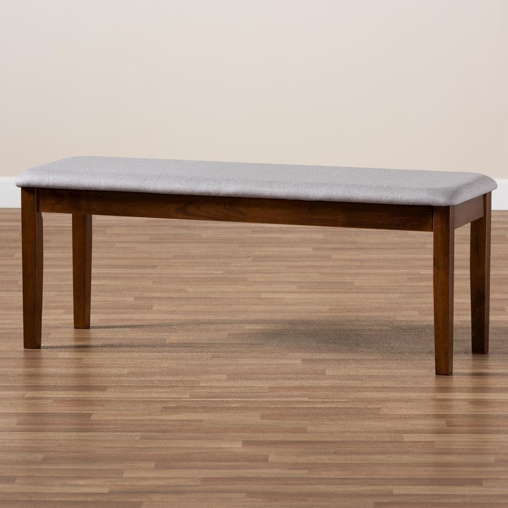 Transitional Grey Fabric Upholstered and Walnut Brown Finished Wood Dining Bench