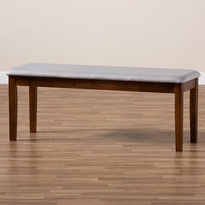 Transitional Grey Fabric Upholstered and Walnut Brown Finished Wood Dining Bench