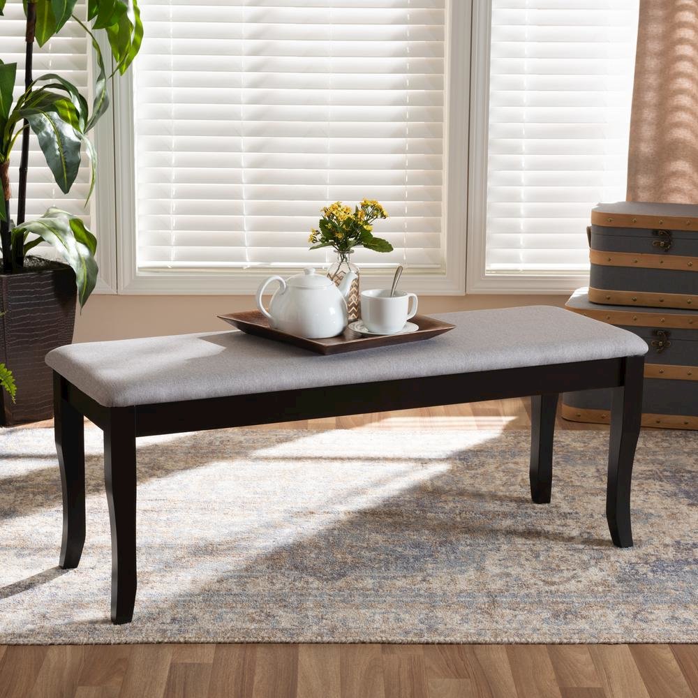 Transitional Grey Fabric Upholstered and Dark Brown Finished Wood Dining Bench