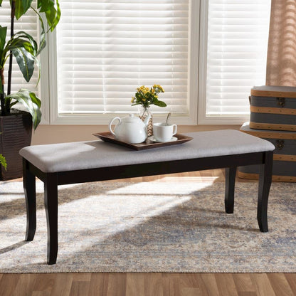 Transitional Grey Fabric Upholstered and Dark Brown Finished Wood Dining Bench