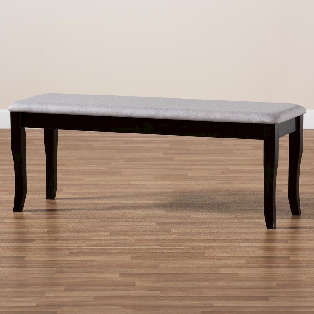 Transitional Grey Fabric Upholstered and Dark Brown Finished Wood Dining Bench