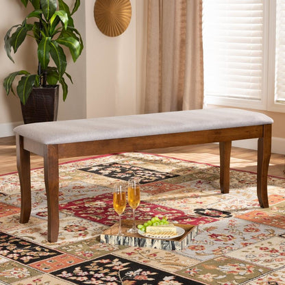 Transitional Grey Fabric Upholstered and Walnut Brown Finished Wood Dining Bench