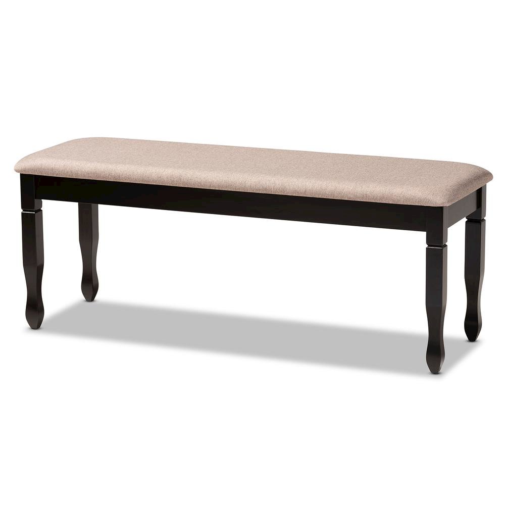 Sand Fabric Upholstered and Dark Brown Finished Wood Dining Bench