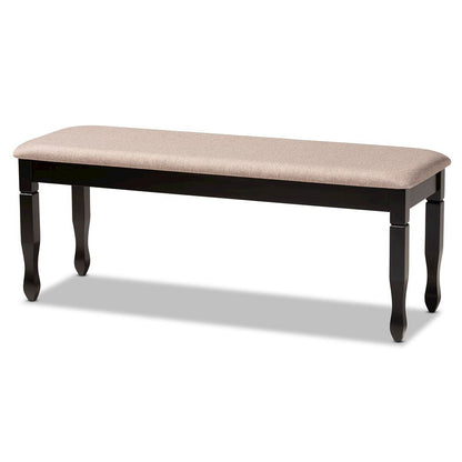 Sand Fabric Upholstered and Dark Brown Finished Wood Dining Bench