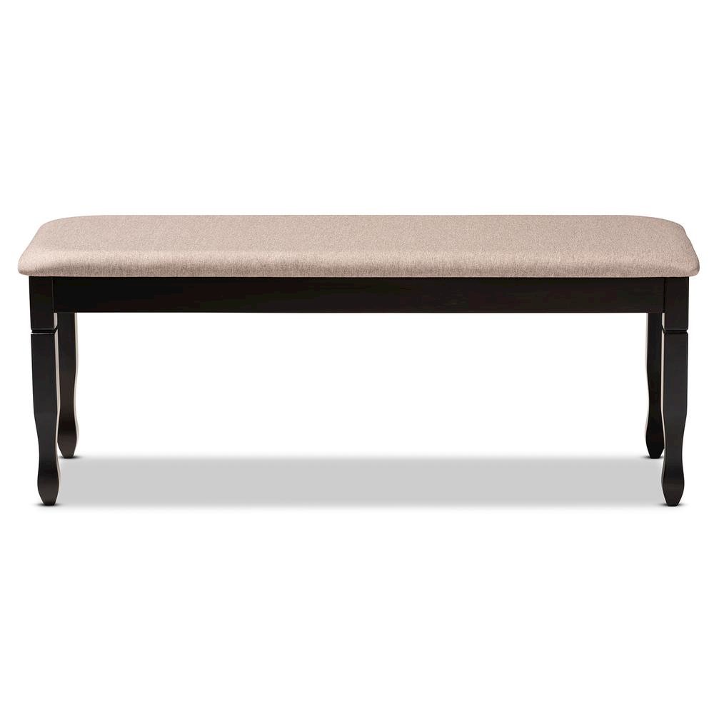 Sand Fabric Upholstered and Dark Brown Finished Wood Dining Bench
