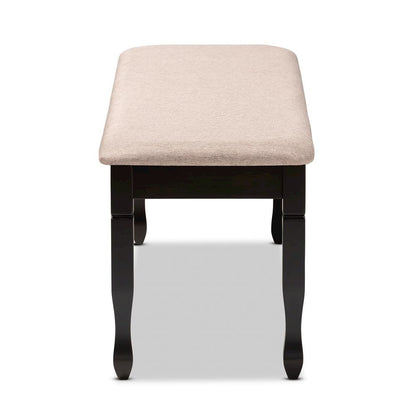 Sand Fabric Upholstered and Dark Brown Finished Wood Dining Bench