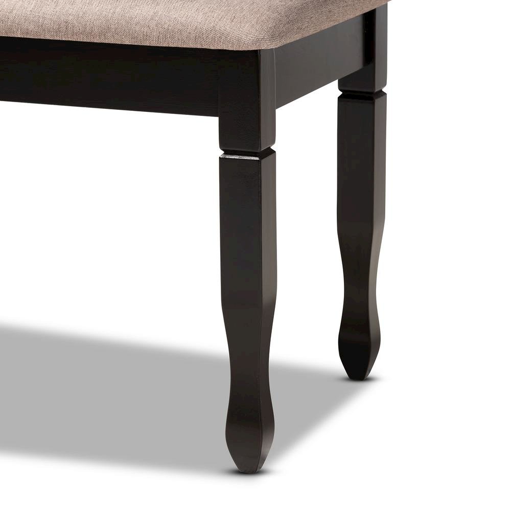Sand Fabric Upholstered and Dark Brown Finished Wood Dining Bench