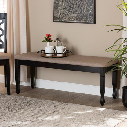 Sand Fabric Upholstered and Dark Brown Finished Wood Dining Bench