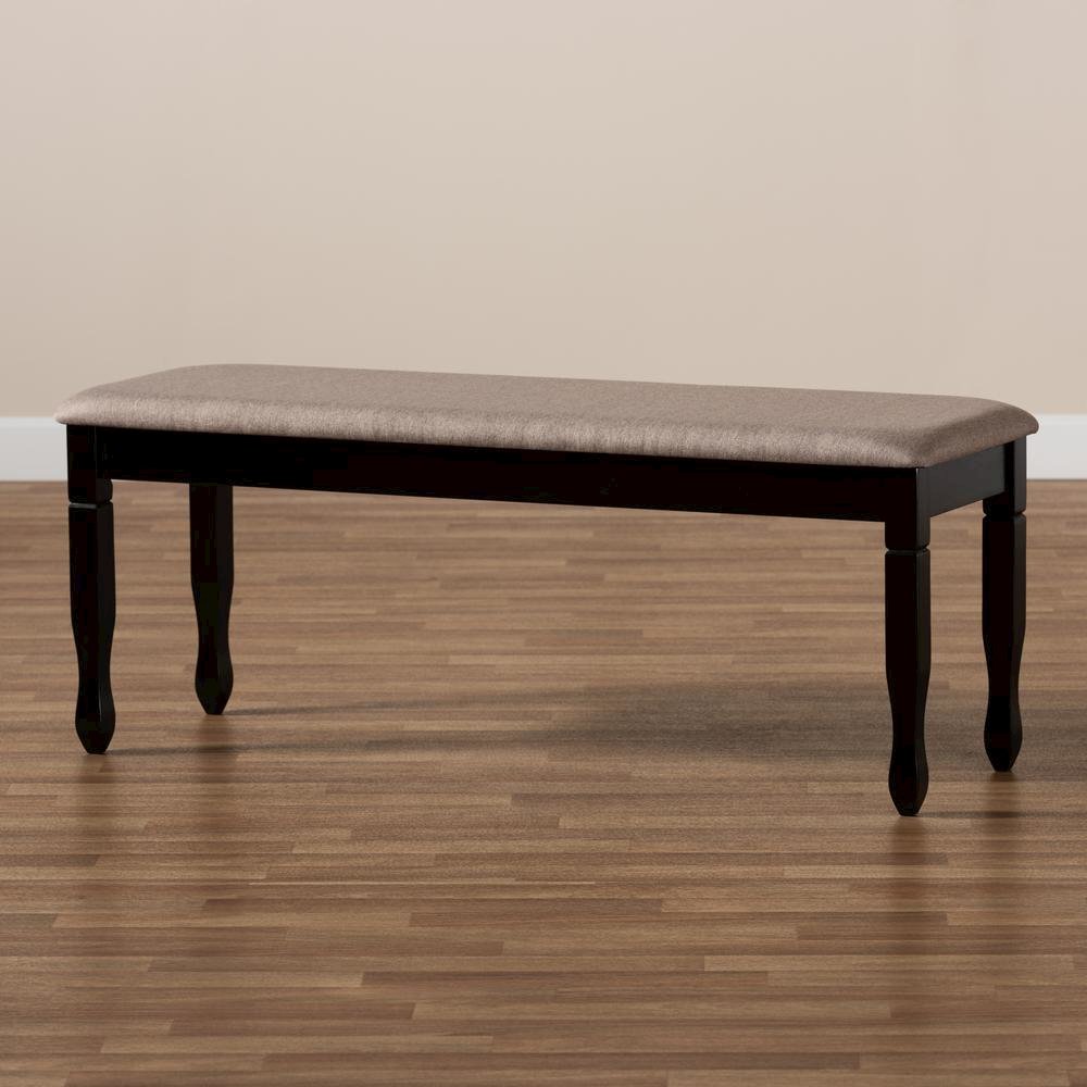 Sand Fabric Upholstered and Dark Brown Finished Wood Dining Bench