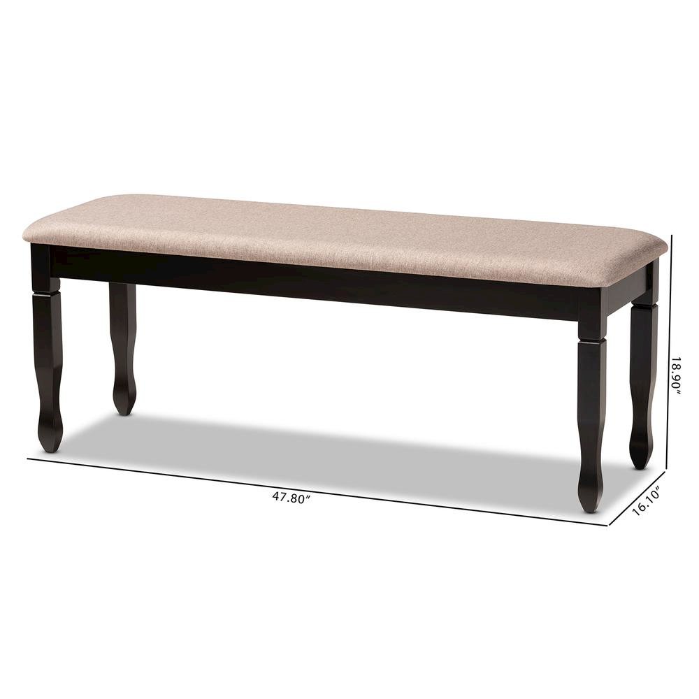 Sand Fabric Upholstered and Dark Brown Finished Wood Dining Bench