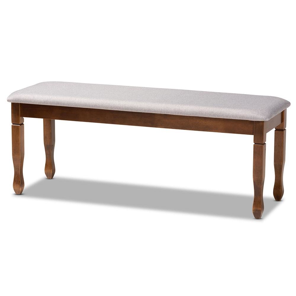 Grey Fabric Upholstered and Walnut Brown Finished Wood Dining Bench