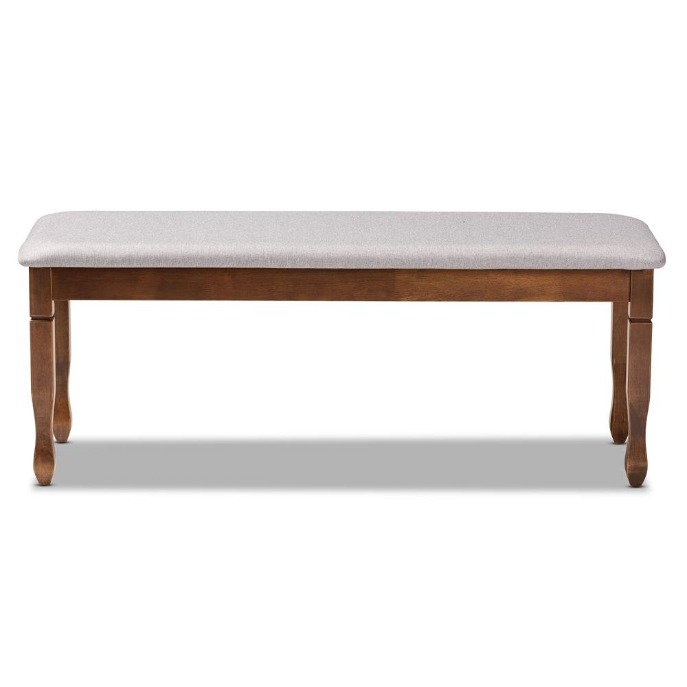 Grey Fabric Upholstered and Walnut Brown Finished Wood Dining Bench