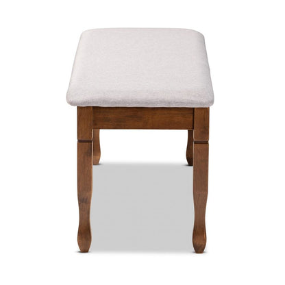 Grey Fabric Upholstered and Walnut Brown Finished Wood Dining Bench