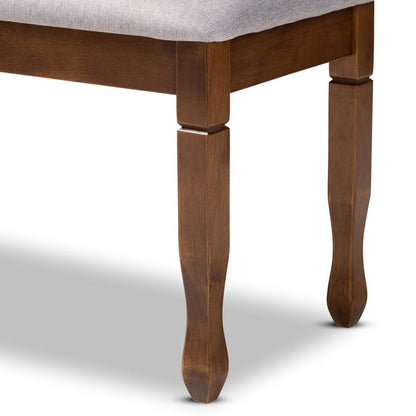 Grey Fabric Upholstered and Walnut Brown Finished Wood Dining Bench