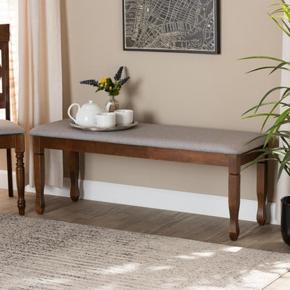 Grey Fabric Upholstered and Walnut Brown Finished Wood Dining Bench