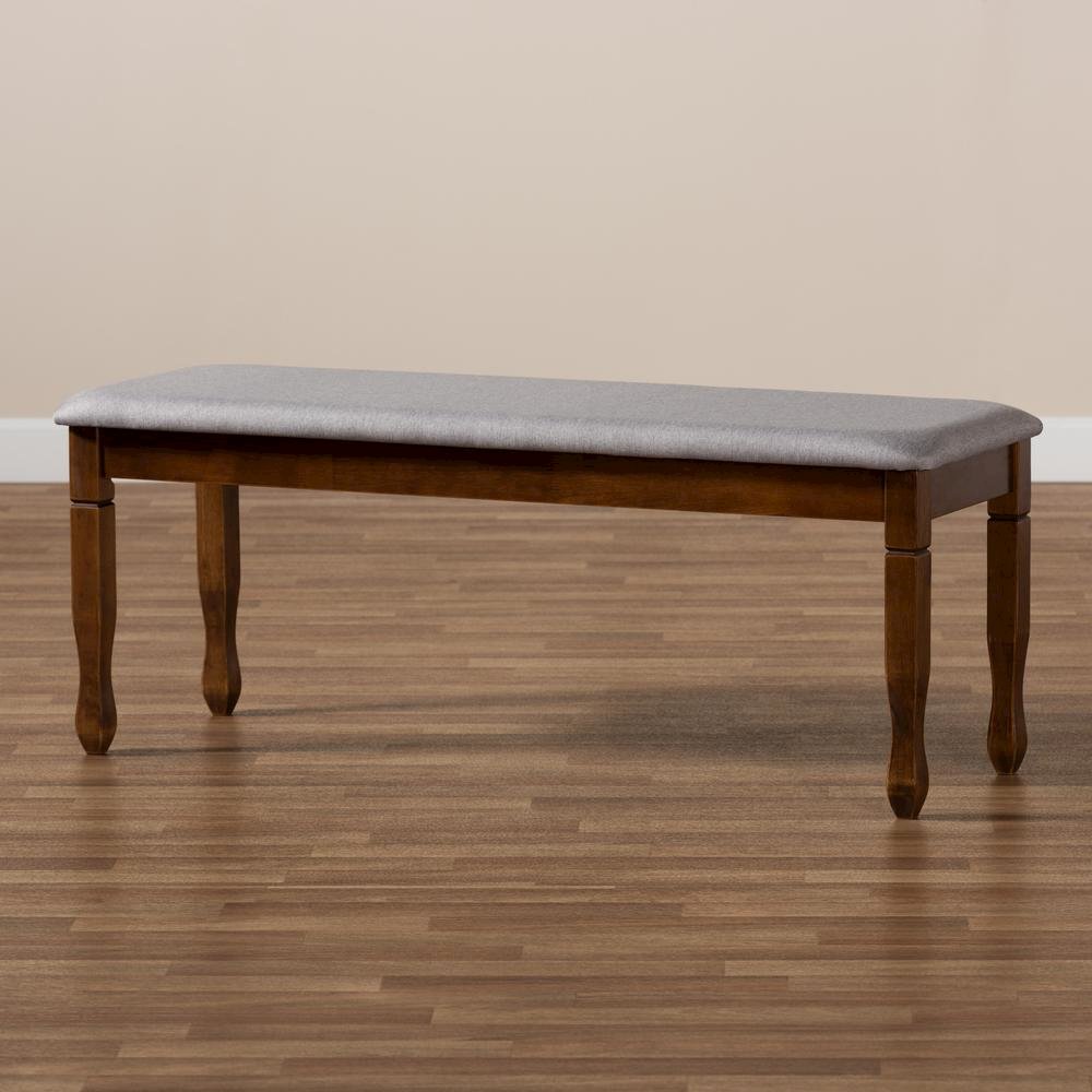 Grey Fabric Upholstered and Walnut Brown Finished Wood Dining Bench