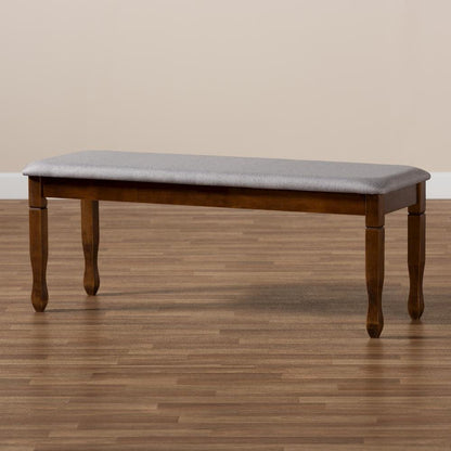 Grey Fabric Upholstered and Walnut Brown Finished Wood Dining Bench