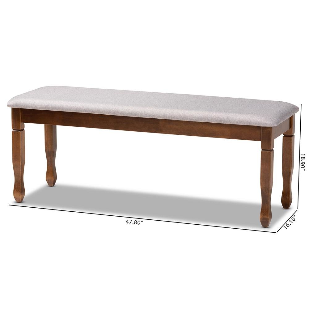 Grey Fabric Upholstered and Walnut Brown Finished Wood Dining Bench