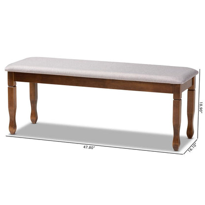 Grey Fabric Upholstered and Walnut Brown Finished Wood Dining Bench