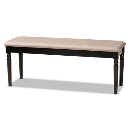 Sand Fabric Upholstered and Dark Brown Finished Wood Dining Bench