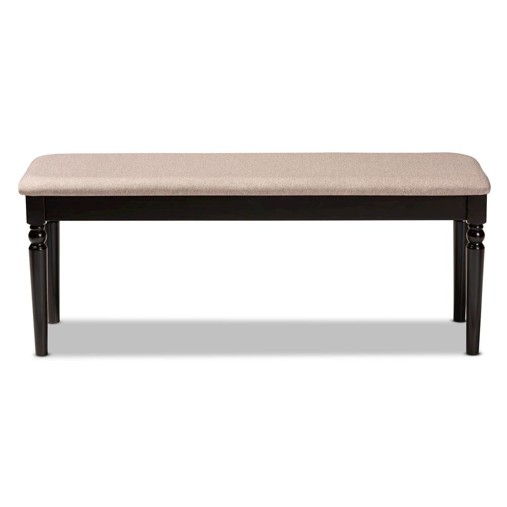 Sand Fabric Upholstered and Dark Brown Finished Wood Dining Bench