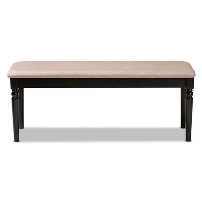 Sand Fabric Upholstered and Dark Brown Finished Wood Dining Bench