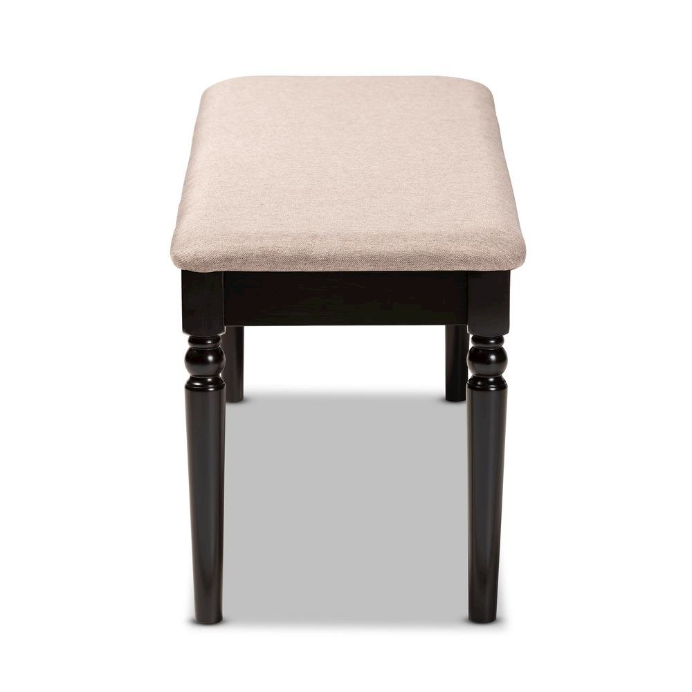 Sand Fabric Upholstered and Dark Brown Finished Wood Dining Bench