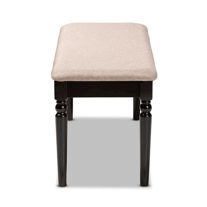Sand Fabric Upholstered and Dark Brown Finished Wood Dining Bench
