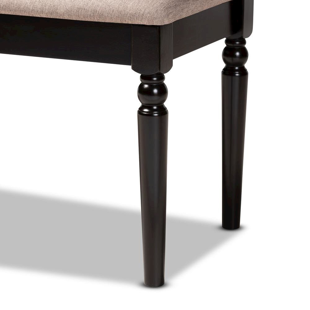Sand Fabric Upholstered and Dark Brown Finished Wood Dining Bench