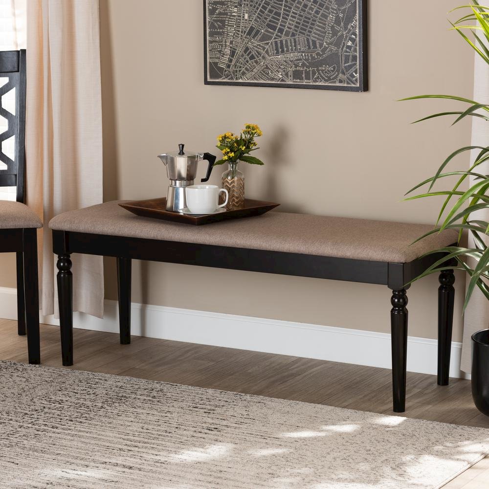 Sand Fabric Upholstered and Dark Brown Finished Wood Dining Bench
