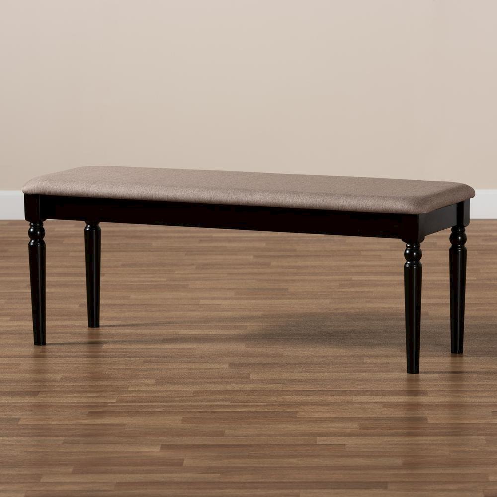 Sand Fabric Upholstered and Dark Brown Finished Wood Dining Bench
