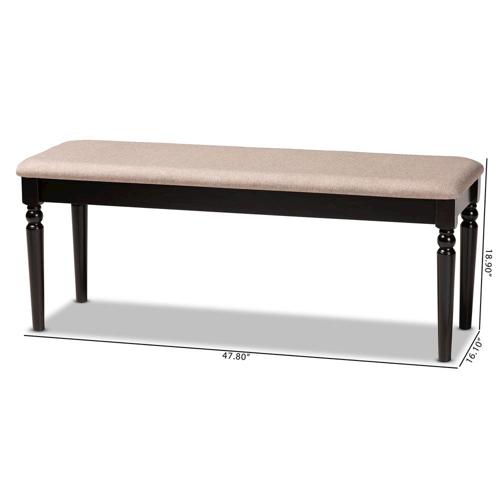 Sand Fabric Upholstered and Dark Brown Finished Wood Dining Bench