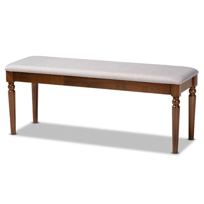 Grey Fabric Upholstered and Walnut Brown Finished Wood Dining Bench