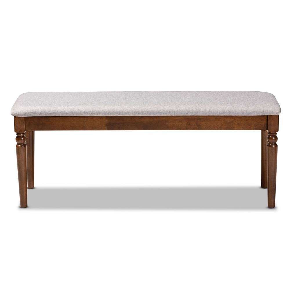 Grey Fabric Upholstered and Walnut Brown Finished Wood Dining Bench