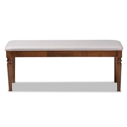 Grey Fabric Upholstered and Walnut Brown Finished Wood Dining Bench