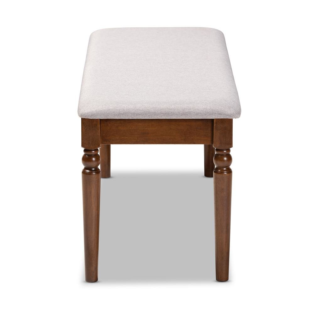 Grey Fabric Upholstered and Walnut Brown Finished Wood Dining Bench