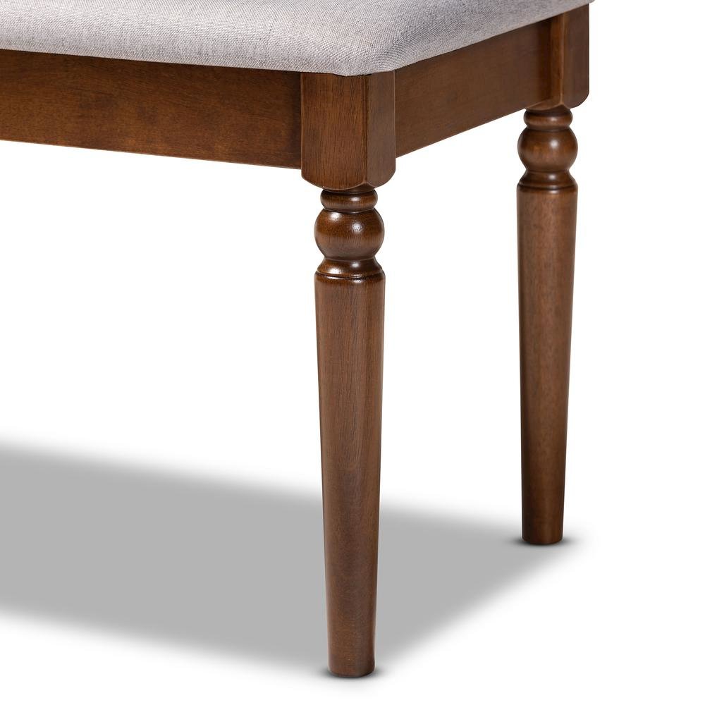 Grey Fabric Upholstered and Walnut Brown Finished Wood Dining Bench