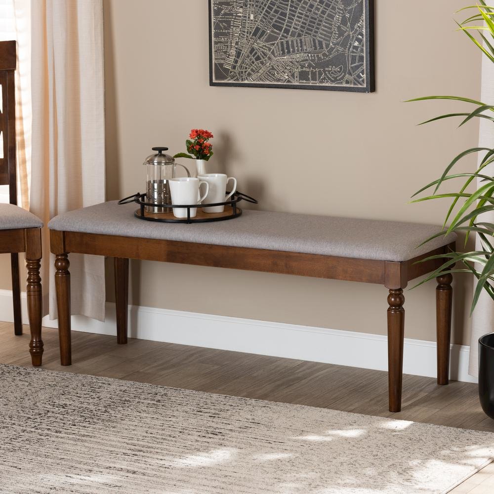 Grey Fabric Upholstered and Walnut Brown Finished Wood Dining Bench