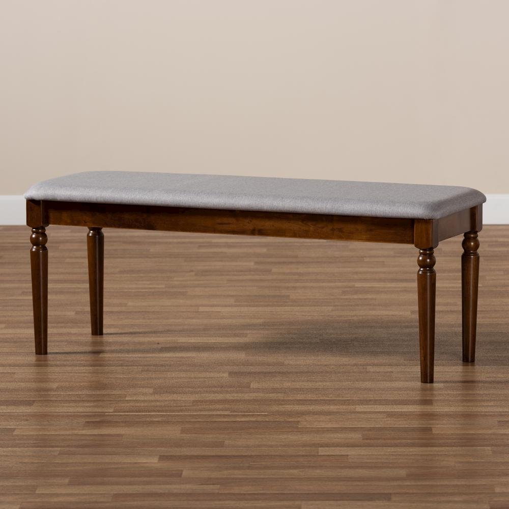 Grey Fabric Upholstered and Walnut Brown Finished Wood Dining Bench