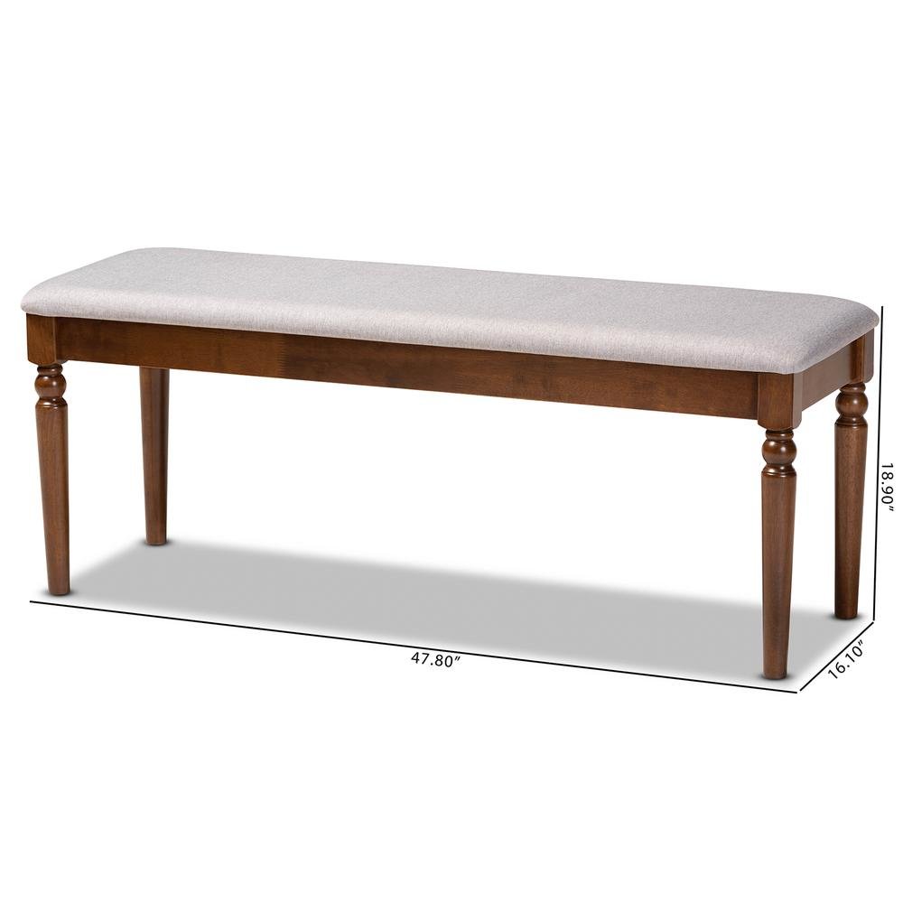 Grey Fabric Upholstered and Walnut Brown Finished Wood Dining Bench