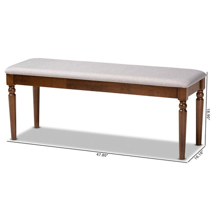 Grey Fabric Upholstered and Walnut Brown Finished Wood Dining Bench