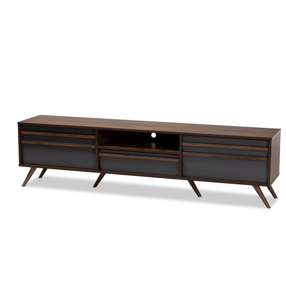 Two-Tone Grey and Walnut Finished Wood TV Stand with Drop-Down Compartments