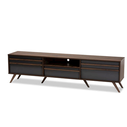 Two-Tone Grey and Walnut Finished Wood TV Stand with Drop-Down Compartments
