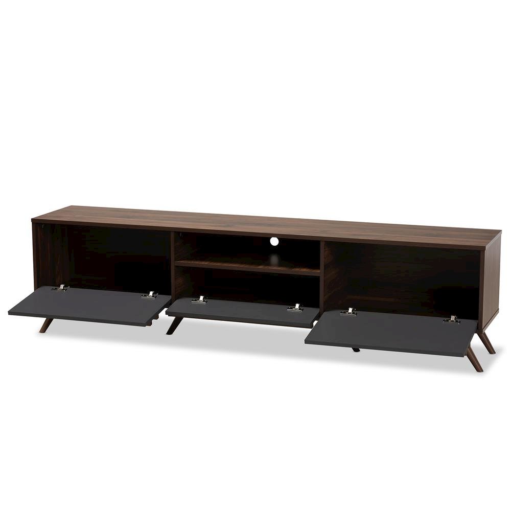 Two-Tone Grey and Walnut Finished Wood TV Stand with Drop-Down Compartments
