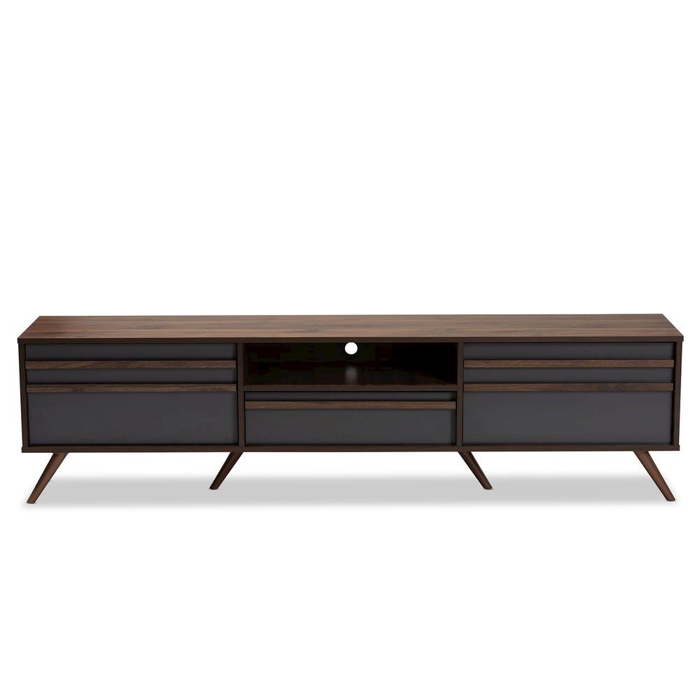 Two-Tone Grey and Walnut Finished Wood TV Stand with Drop-Down Compartments