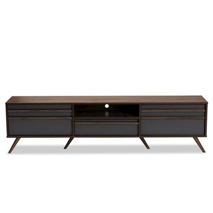 Two-Tone Grey and Walnut Finished Wood TV Stand with Drop-Down Compartments