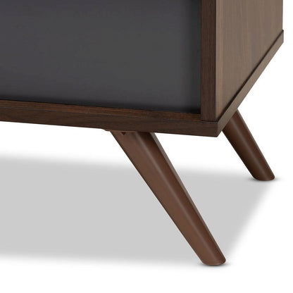 Two-Tone Grey and Walnut Finished Wood TV Stand with Drop-Down Compartments