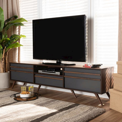 Two-Tone Grey and Walnut Finished Wood TV Stand with Drop-Down Compartments