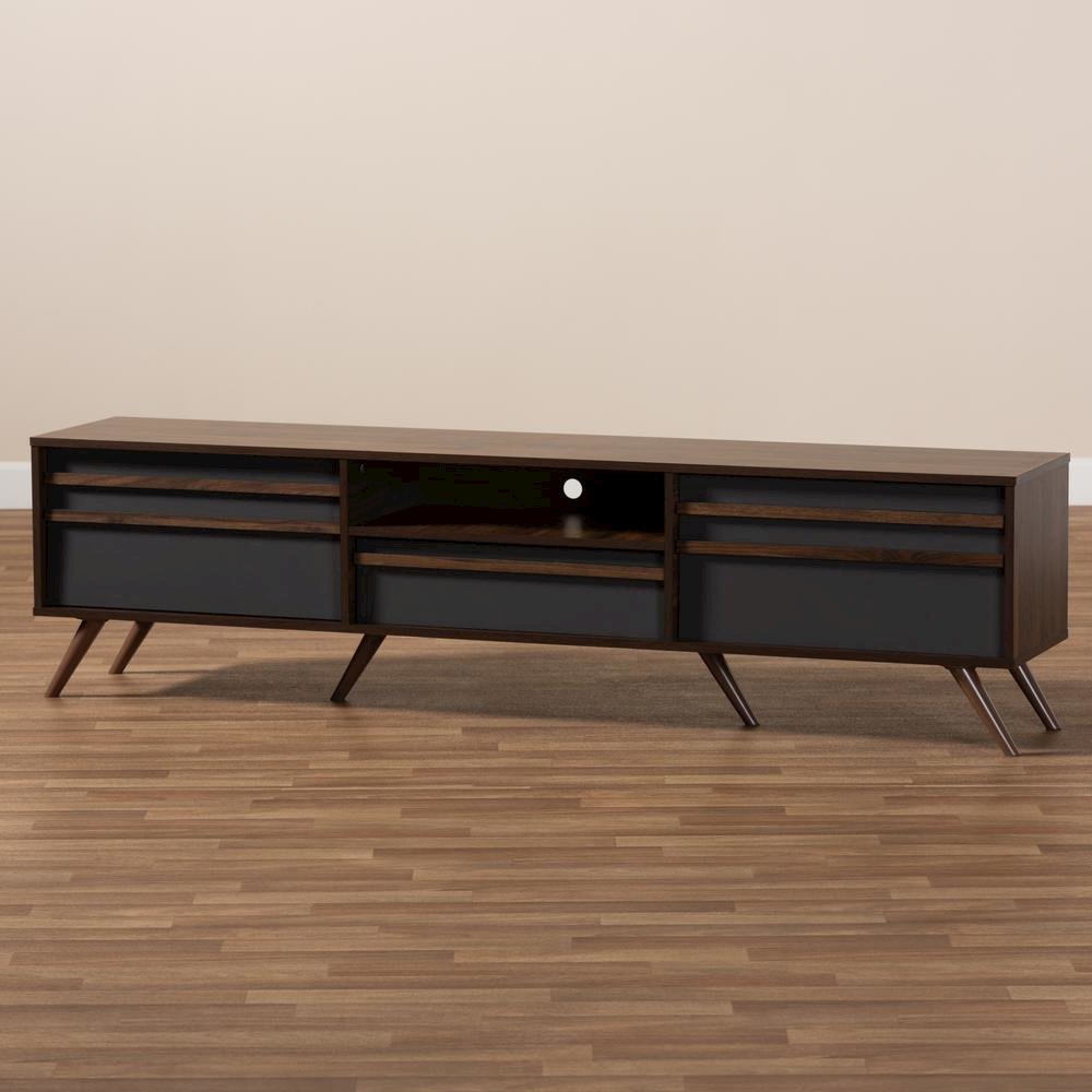Two-Tone Grey and Walnut Finished Wood TV Stand with Drop-Down Compartments