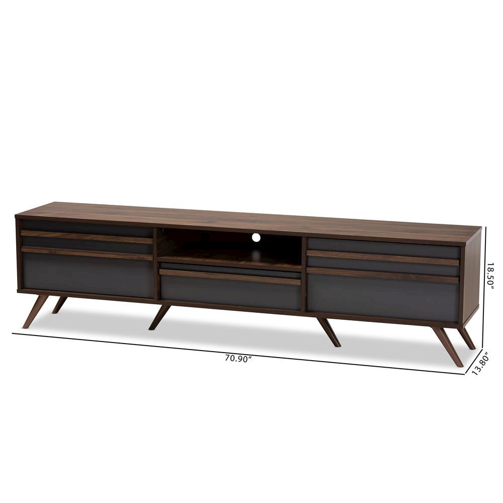 Two-Tone Grey and Walnut Finished Wood TV Stand with Drop-Down Compartments